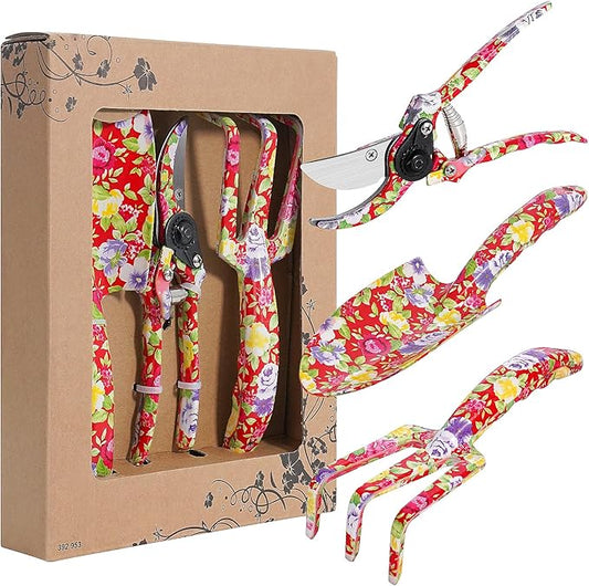 FLORA GUARD 3 Piece Aluminum Garden Tool Set - Trowel, Cultivator, Pruning Shear, Tool Set for Gardening Needs (Red)