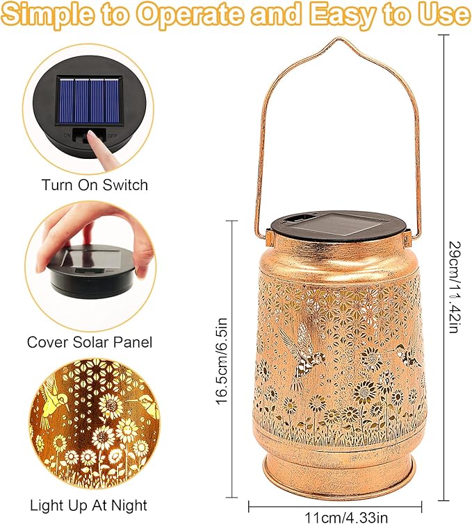 2 Pack Solar Lanterns Outdoor Garden Decor with Shepherd Hook, Gardening Gifts for Mom Grandma Women Hummingbird Sunflower Metal Decor Waterproof Solar Lights LED Decorative for Garden Yard Patio