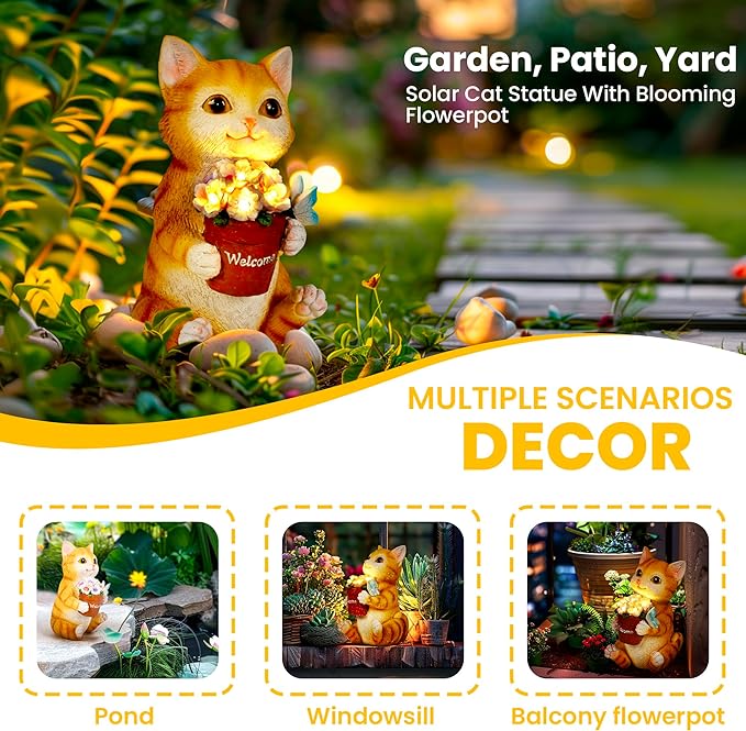 GIGALUMI Solar Garden Decor Flower Pot Cat Statues Outdoor, Birthday Gifts for Women, Gifts for Mom Grandma Senior Elder, Cat Ornament for Balcony, Garden, Patio, Yard, Lawn
