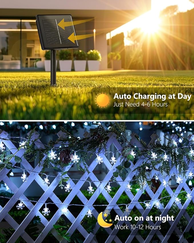 Brightown Solar Christmas Snowflake String Lights, 72FT 200 LED Outdoor Waterproof Fairy Lights with 8 Lighting Modes for Wedding, Party, Tree, Room, Garden, Patio, Yard, Home, Pure White