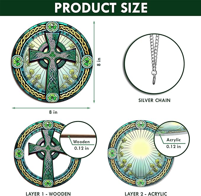 St Patricks Day Decorations - Irish Gifts for Men Women Friends Family, St Patricks Day Accessories, Celtic Cross Home Decor - Double Layered Hanging Suncatcher 8 in