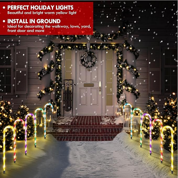WeGuard 10PK Christmas Candy Cane Pathway Lights Outdoor Decorations 21" 8 Lighting Modes Flashing Waterproof Outdoor Lighted Christmas Decor for Garden Yard (Multi-Colored)