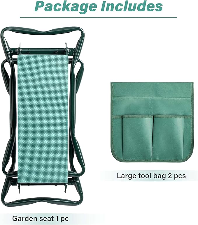 Simple Deluxe Garden Kneeler and Seat, Foldable Kneeling Stool with Thicker EVA Foam Pad, Heavy Duty Bench with Tool Pouch, Gifts for Outdoor Gardening, Fishing, Green