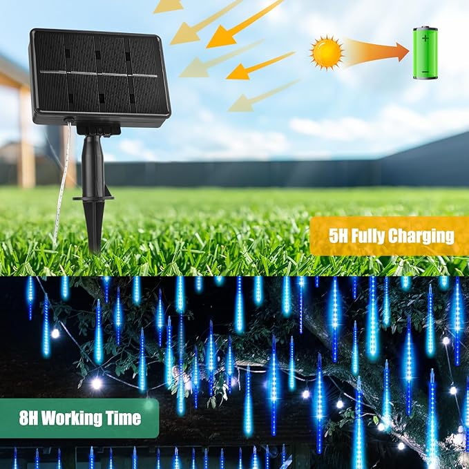 Solar Meteor Shower Lights Outdoor - 576 LED Rain Drop Lights with 16 Tubes, 16 Inches - Solar Powered Christmas Decorations for Tree Bushes Holiday Party Christmas Decor, Blue
