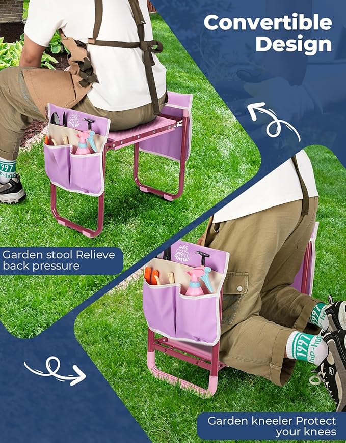 DEERFAMY Garden Stool 10.2" Width, Garden Kneeler and Seat Load Cap 350 lbs, Gardening Gift Heavy Duty with Extra Kneeling Pad, 2 Tool Pouches, Claw Gloves, Pink