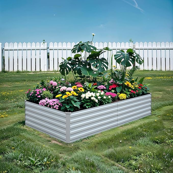 Raised Garden Bed 6x3x1.5FT - Galvanized Steel Planter for Outdoor Vegetables, Flowers, and Herbs - Tall Deep Root Box Kit with Gloves and 2 Compost Bags - Stylish Gray Design