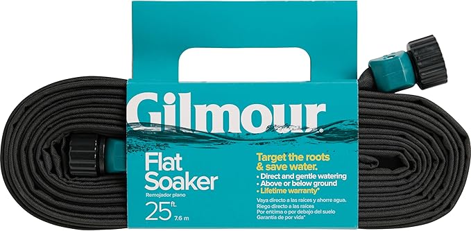 Gilmour 25' Black Flat Weeper Soaker Hose for Garden Beds, Drip Irrigation Outdoor Hose, Flexible Garden Hose for Vegetable Gardens, Flower Beds, Lawns, and Orchards
