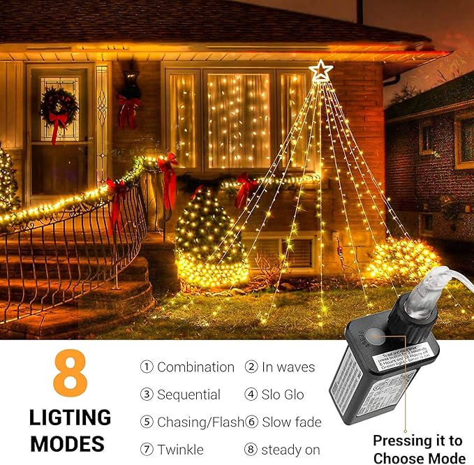 Toodour Christmas Decorations Outdoor Star Lights, 317 LED 10ft X 9 Waterfall Tree Lights with 12" Topper Star, 8 Lighting Modes Outside Christmas Lights for Yard Garden Holiday Decor (Warm White)