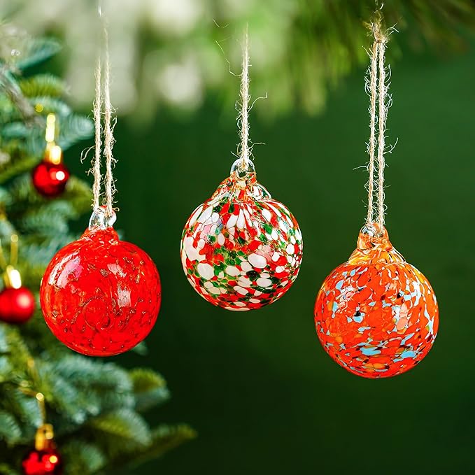 Set of 3 Blown Glass Christmas Ornament Balls for Christmas Tree Decor Glass Gazing Balls for Garden Patio Decor Glass Hanging Xmas Ornament Balls Gifted Box