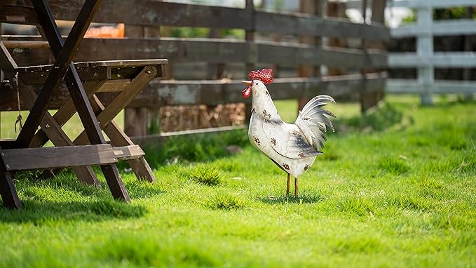 TERESA'S Collections Farmhouse Metal Rooster Garden Statues Decor, 15 Inch Rustic Outdoor Chicken Sculpture Figurines Yard Art for Farm Patio Lawn Kitchen Decorations,Spring Decor, Gift for Mom