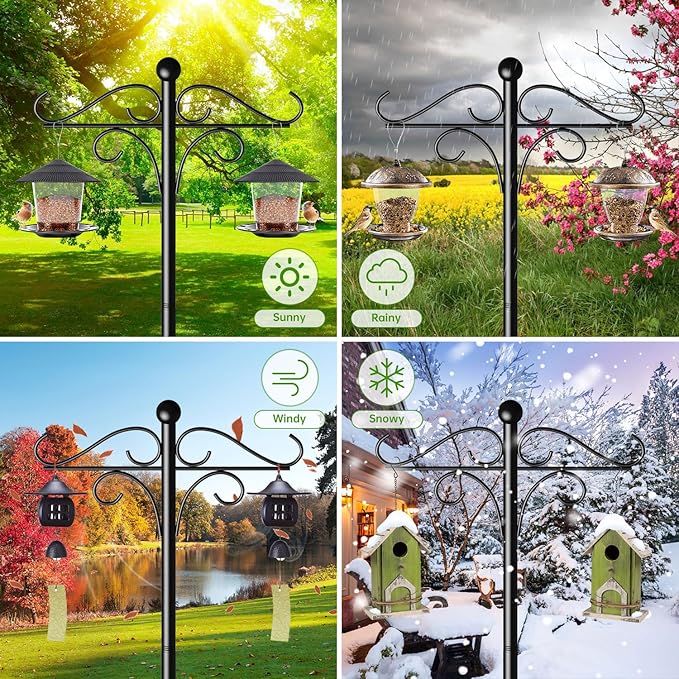 Shepherds Hooks for Outdoor, 2 Pack 108 Inch Heavy Duty Bird Feeder Pole with 5 Prongs Base, Adjustable Shepherds Hook for Hanging Birdhouses, Lanterns, Plant Baskets, Wind Chimes