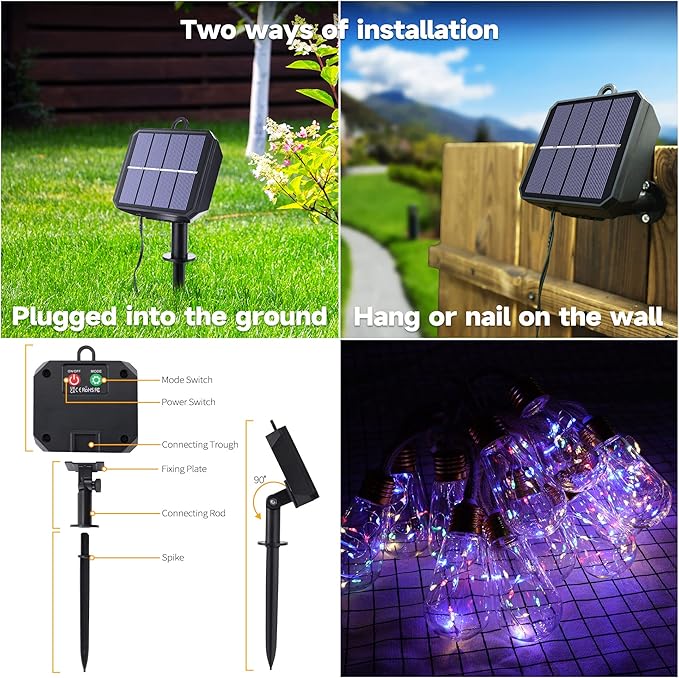Solar Outdoor String Lights, 2 Pack 20Ft Vintage Rope Hemp Solar Patio Lights, Waterproof Multicolor Solar Powered String Lights With 8 Modes 16 Shatterproof Bulbs for Outside Garden Fence Stairs