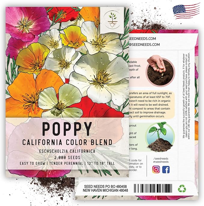 Seed Needs Mixed California Poppy Seeds for Planting - Heirloom & Open Pollinated Tender Perennial - Colorful Mixture of Flowers to Plant a Butterfly Garden (5 Packs)
