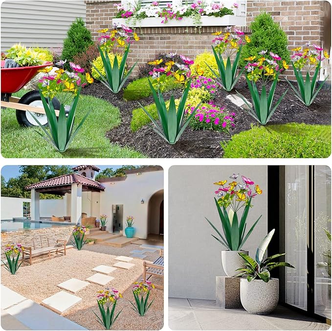 Garden Outdoor Butterfly Enlarge Thickened Wind Resistant Metal Agave Garden Art Metal Plant Country Sculpture Statue Decorations Ornaments Artificial Waterproof Butterflies(Green 2pcs)