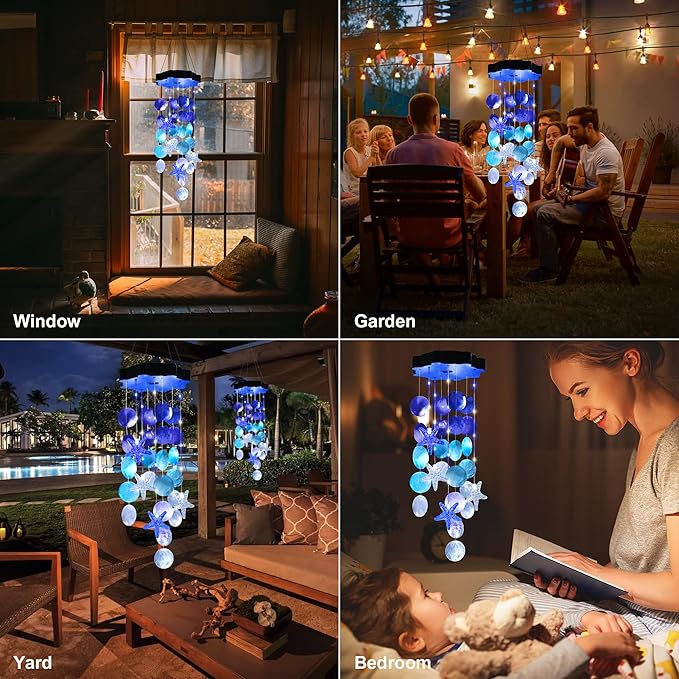 Solar Wind Chimes for Outside, White & Blue Shell Gifts for Mom Grandma Women, Waterproof Solar Outdoor Decorative Mobile Lights for Garden, Yard, Patio, Window, Party, Outdoor Decorations