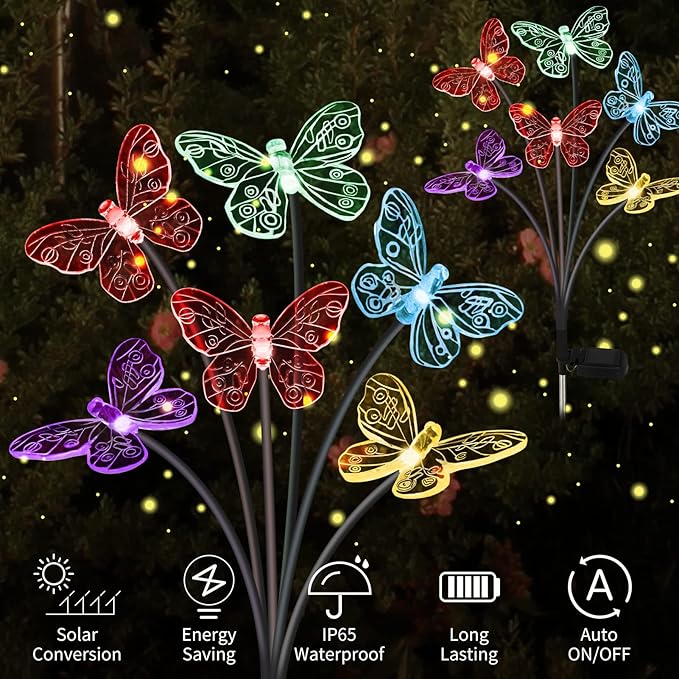 Solar Butterfly Lights Outdoor, 2 Pack with 12 Swaying Garden Lights, Waterproof, Changing Color for Yard Pathway Decor