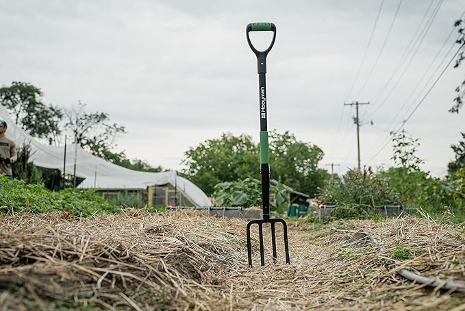 Hooyman Short Handle Digging Fork with Heavy Duty Carbon Steel Construction, Ergonomic No-Slip H-Grip Handles for Gardening, Land Management, Yardwork, Farming, and Outdoors