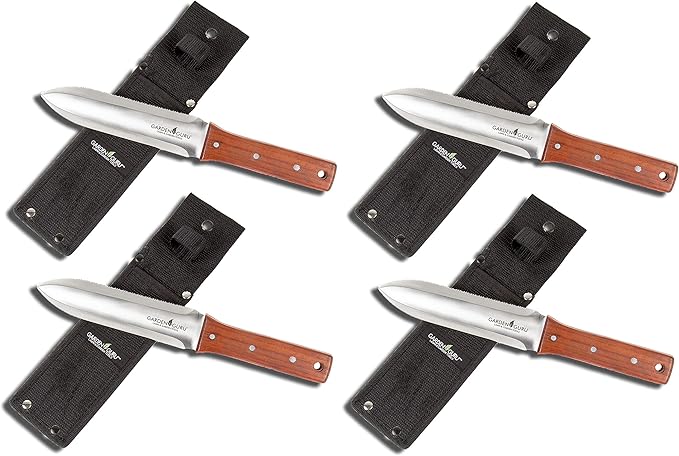 Garden Guru Hori Hori Gardening Knife for Weeding, Digging, Pruning, and Cultivating - Stainless Steel Full Tang Blade | Marks for Measuring Planting Depth (4 Pack)