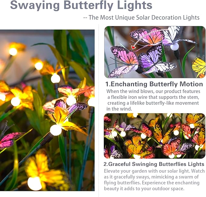 Solar Garden Lights, Upgraded Swaying Butterfly Light,Outdoor Light, Decorative Lights Yard Patio Pathway Decoration, Larger Solar Panel & Better Sway Effect (2 Pack)