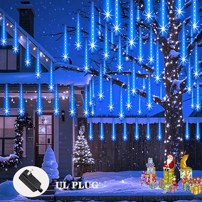 Christmas Lights Outdoor Meteor Shower Lights 24-Tube 576LEDs Snow Falling Rain Cascading Icicle Light for Xmas Tree Christmas Decorations Wedding Party Holiday Garden Decor, UL Plug Blue