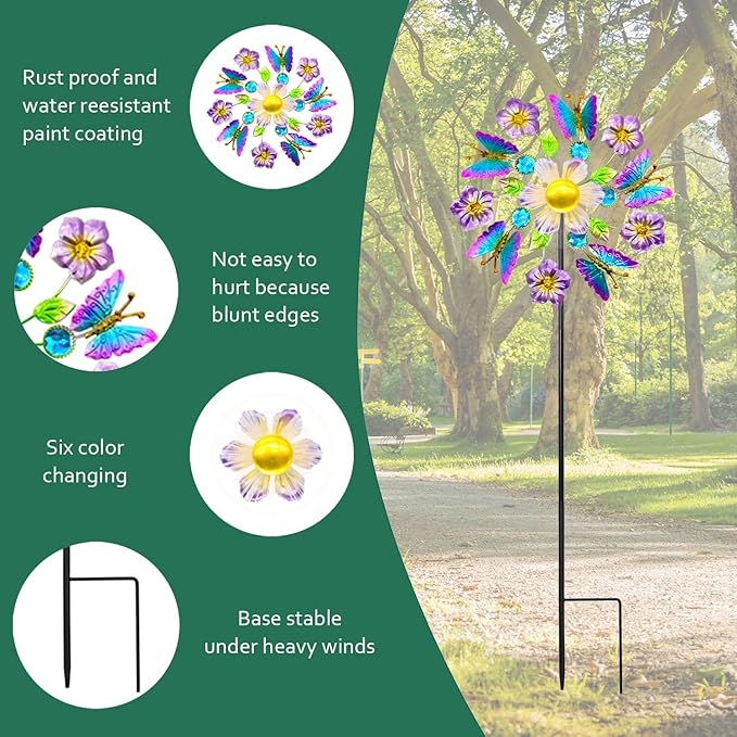 Solar Wind Spinners Outdoors for Yard and Garden - 40 Inch Metal Wind Sculpture, Outdoor Kinetic Windmill with Multi-Color Led Lights for Patio, Lawn & Garden Decoration (Butterfly)