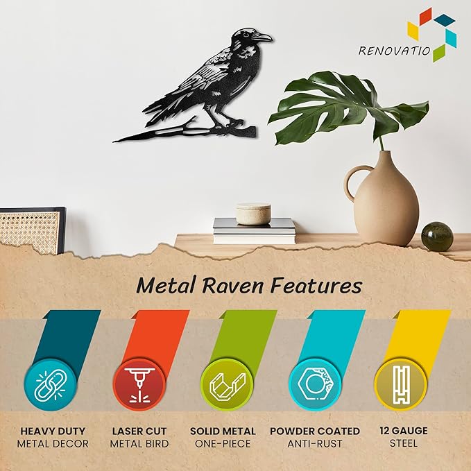 Renovatio Metal Bird Decor – Artistic Raven Silhouette, Metal Garden Ornament, Outdoor Tree Decorations – A Remarkable Yard & Lawn Decor – Raven (Black)