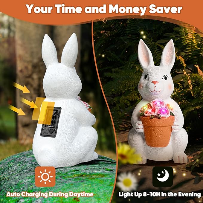 Brightever Solar Powered Outdoor Garden Statues- Rabbit with Flowers and 5 Colorful LED Lights, 11.8IN Outdoor Figurine Lights, Solar Garden Bunny Decor for Patio, Gifts for Women, Housewarming