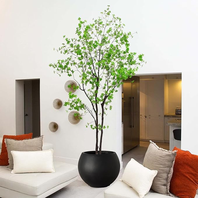 17 H x 21" Dia (15" Pot Opening) Black Round Fiberstone Tall Planter with Drainage Hole, Indoor/Outdoor Large Plant