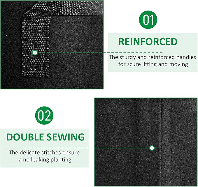 12-Pack 3 Gallon Thickened Non-Woven Grow Bags, Aeration Fabric Pots with Handles