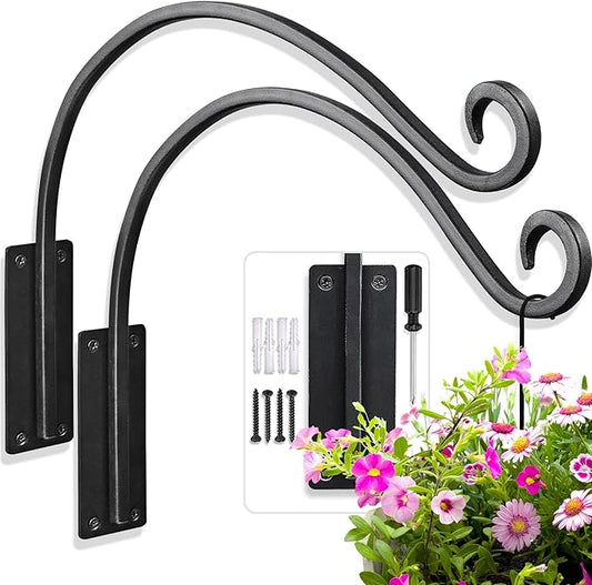 Qiang Ni Heavy-Duty Plant Hanger Outdoor: 16-Inch Hanging Plant Hooks for Outside Baskets - 2 Pieces Wall Mount Plant Bracket for Bird Feeder