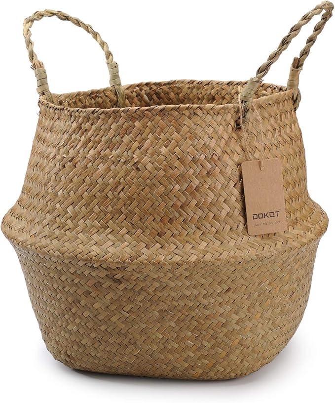 DOKOT Seagrass Plant Basket with Handles, Wicker Woven Storage Basket, 9.5inch Diameter x 11inch Height