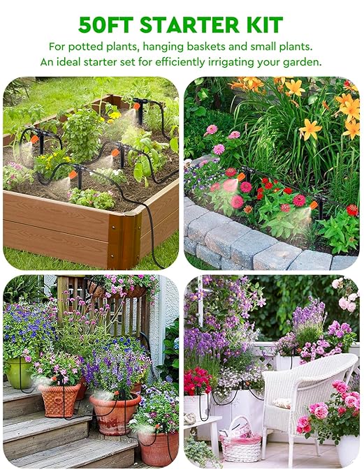 50ft Micro Drip Irrigation Kit, Micro Drip Irrigation System Kit with Adjustable Misting Nozzle Sprinkler, Tubing and Connectors, Watering for Garden, Flower Beds, and Potted Plants