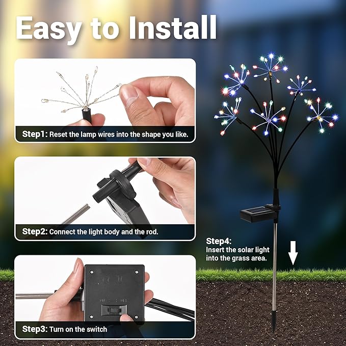 Solar Garden Decor Lights Outdoor, Solar Powered Lights Waterproof for Yard Patio Porch Flowerbed, Fairy Gardening Supplies Gifts Firwork(4 Pack Multi-Colored)