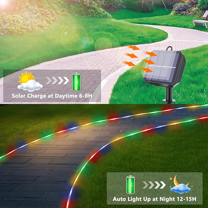 Solar Rope Lights, 2 Packs 66ft 200LED Solar String Lights, 8 Modes Waterproof Solar Powered Outdoor Light, Flexible Clear Tube Light for Garden Backyard Patio Deck Pool Tree Decorations- Multicolor