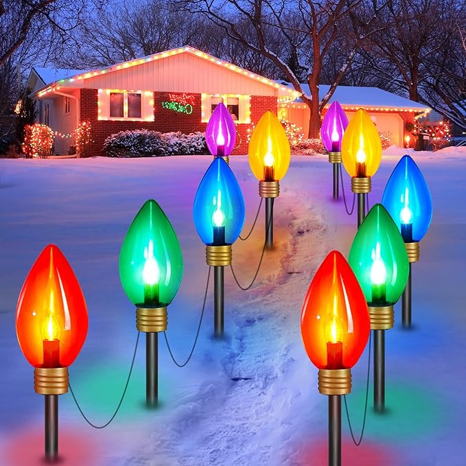 Brightown Super Jumbo C9 Christmas Pathway Lights Outdoor - 2 Pack 11 Feet 5 LED Jumbo C9 Pathway Lights, Jumbo Colored Light Bulb Christmas Lights Outdoor Decorations for Lawn Holiday Yard Multicolor