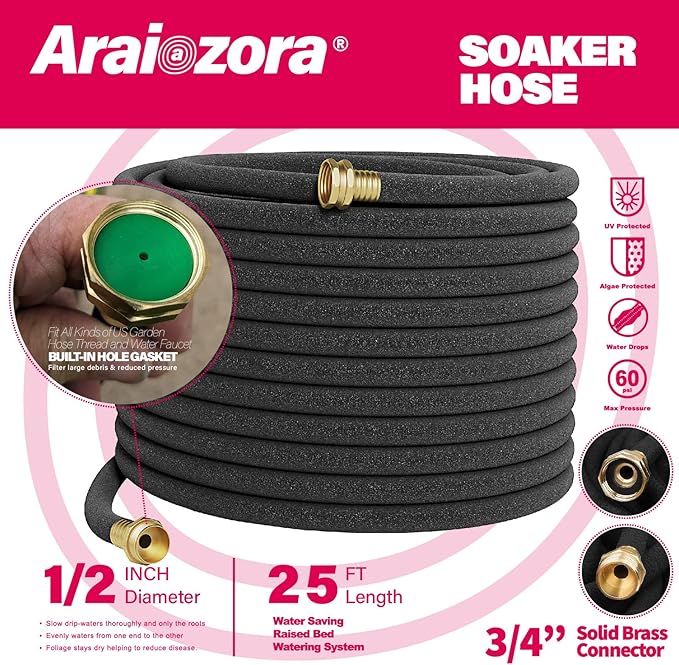 Soaker Hose 25 FT For Garden Beds,Heavy Duty Solid Brass Connector 1/2“ Ruber Drip Irrigation for Flower Bed&Yard,Landscaping