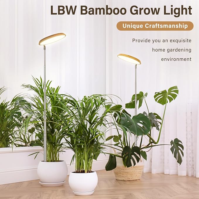 LBW 2024 Bamboo Plant Grow Light, 82 LEDs Full Spectrum Grow Lamp for Indoor Plants, 4-Level Brightness Round Plant Light with 4H/8H/12H Auto Timer, 10.4-59in Height Adjustable, Ideal for Tall Plants
