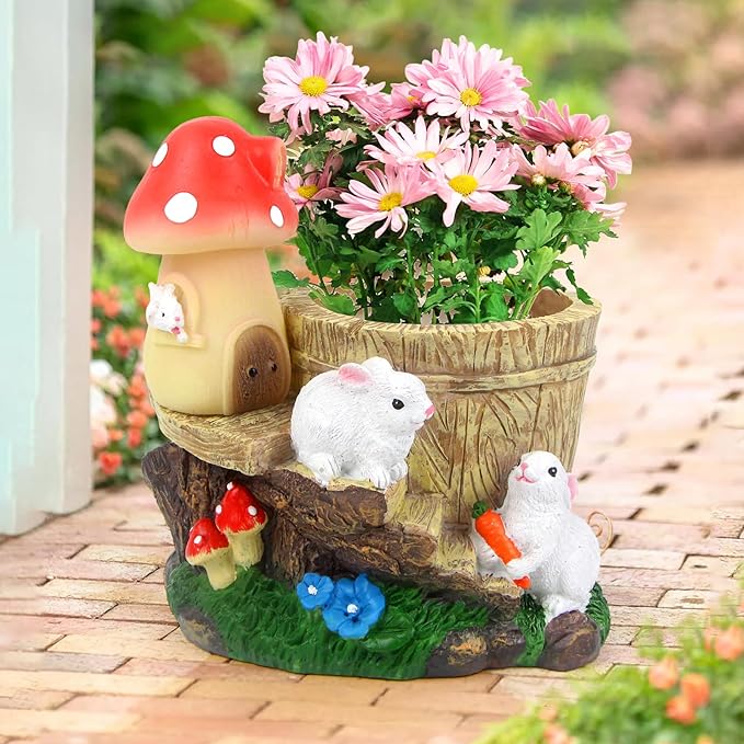 Garden Rabbit Statue,Resin Rabbit Figurine with Solar LED Light,Flower Pots Planters Pots for Succulent,Bunny Statue for Patio Balcony Yard Lawn Decor,Unique Gift for Dad Mom Grandma