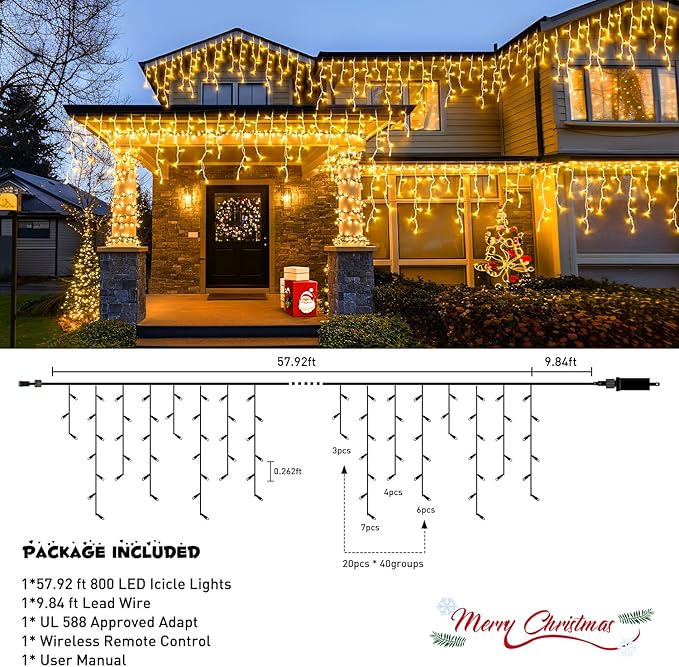 JMEXSUSS 800 LED Icicle Lights for Outside, Icicle Christmas Lights Outdoor, Warm White Christmas Lights for House Holiday Party Wedding Christmas Decorations