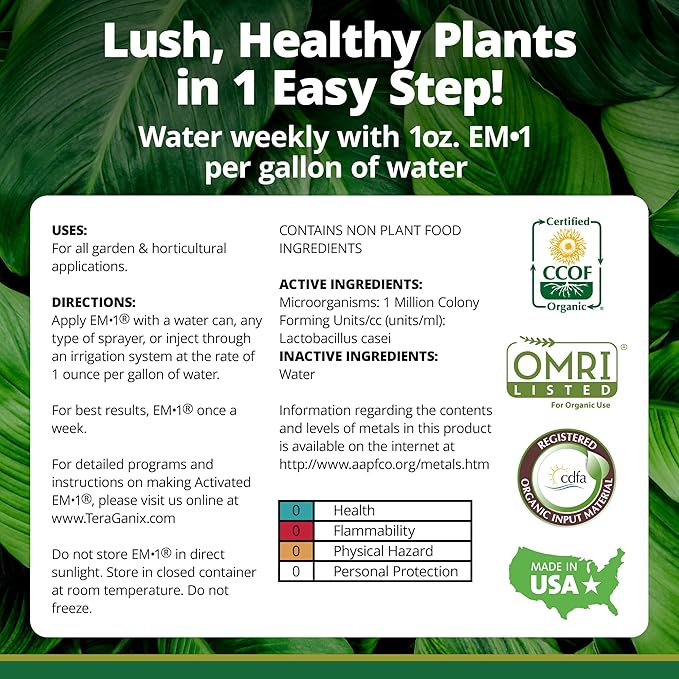 TeraGanix EM-1 Plant Growth, Microbial Inoculant Concentrate (1 Btl = 32 Gal), Soil Conditioner, Root Enhancer, Liquid Probiotic for Soils & Plants, Seed Germination, Garden, Lawn Care (32 fl oz)