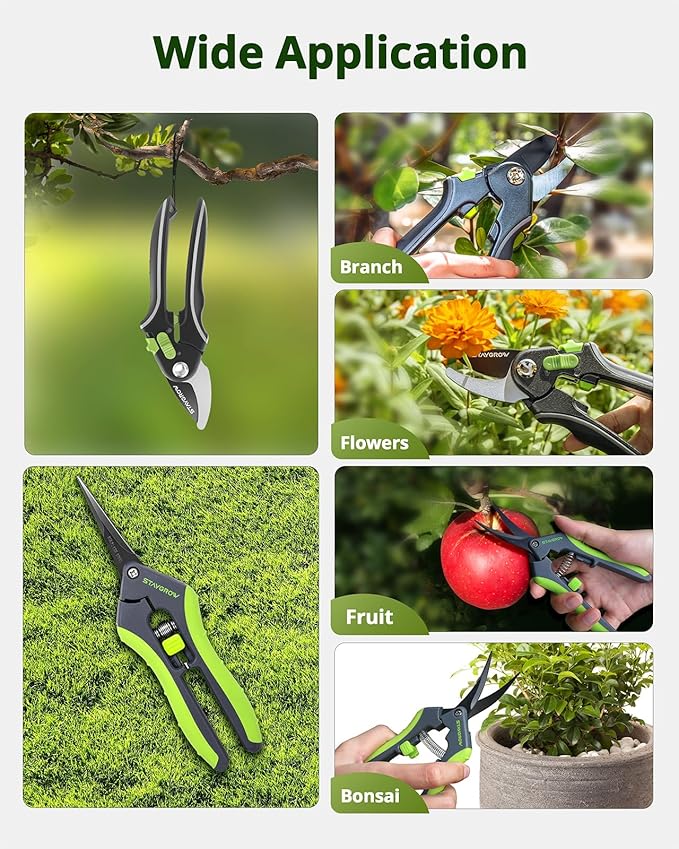 Pruning Shears for Gardening 2 Pack, 8.5" Bypass Garden Clippers and 6.5" Curved Gardening Shears, Pruners with Super Sharp Stainless Steel Blades, Safety Lock, Gardening Gifts for Men Women