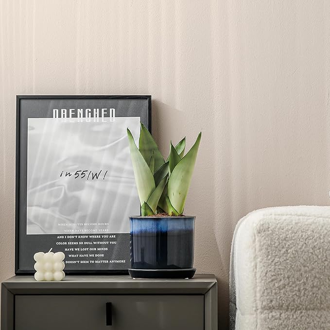 6 Inch Plant Pot: Ceramic Planter with Drainage Hole & Saucer - Gradient Blue Flowerpot for Indoor & Outdoor Plants with Separate Tray