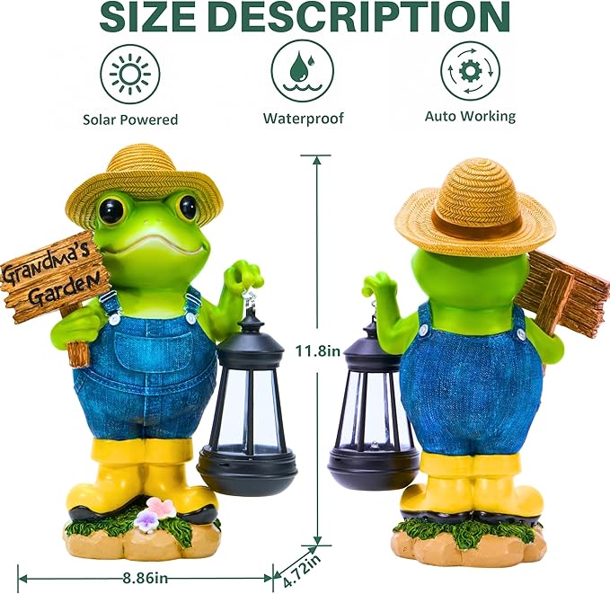 Frog Garden Statue with Solar Light, Gardener Frog Decoration with Solar Lantern Light for Home, Outdoor, Garden, Patio and Yard Decor, Best Gifts for Mom/Grandma, Grandma's Garden