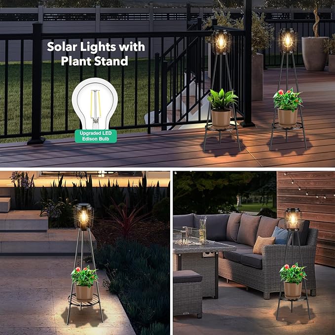 Solar Lights Outdoor with LED Edison Bulbs, Solar Floor Lamp with Plant Stands for Garden Yard Pathway Driveway Front/Back Porch Decoration