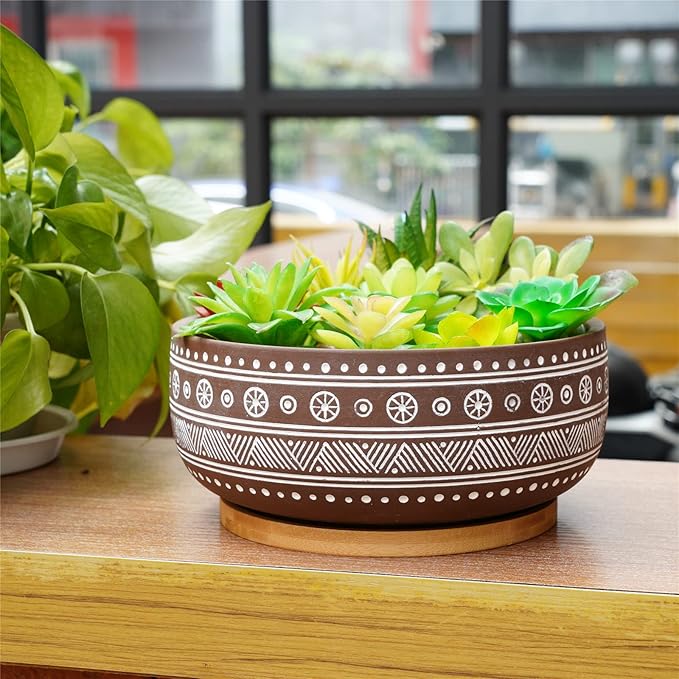 8 Inch Terracotta Succulent Planter Pot with Drainage Hole and Bamboo Tray, Brown Round Shallow Bonsai Pot for Indoor Plants