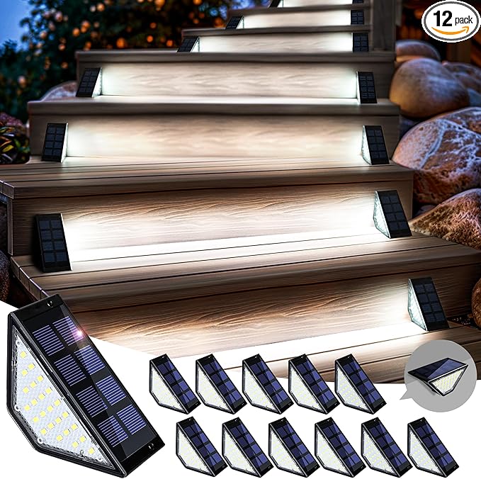 SOLPEX Solar Step Lights for Outside, 24 LEDs Solar Stair Lights Outdoor Waterproof Decor for Porch, Front Door, Stair, Step, Deck, Fence, Balcony, Patio, Wall, Yard, Garden(12 Pack, Cold White)