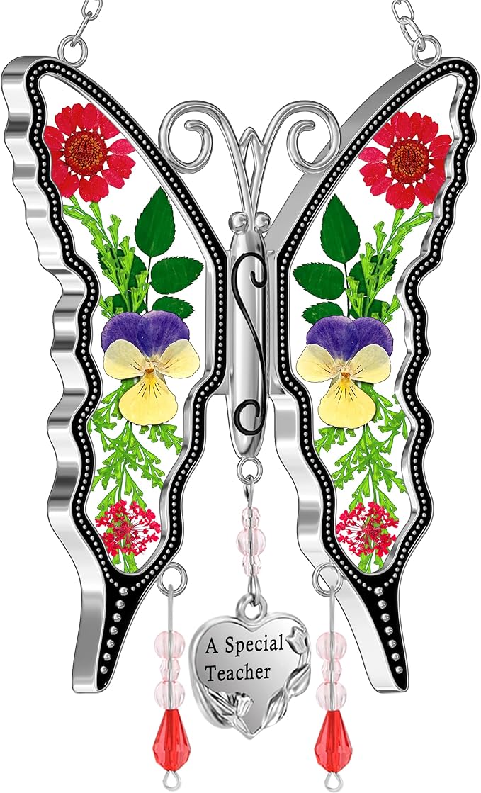 KY&BOSAM Butterfly Suncatcher A Special Teacher Stain Glass Suncatchers for Window Hanging Wind Chime with Pressed Flower Wings in Glass and Heart Charm Birthday Gift for Teacher`s Mother`s Day Gifts