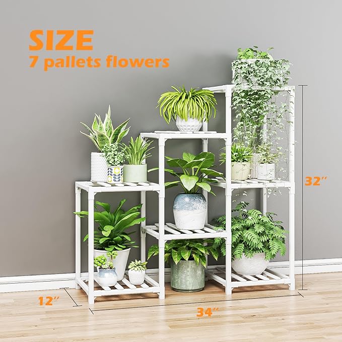 Bamworld Indoor Plant Stand Outdoor White Shelf Bamboo Plant Table for Multiple Plants 3 Tiers 7 Pots Ladder Holder Pot Window Garden Balcony Living Room