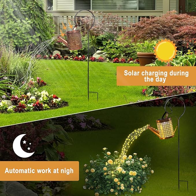 Solar Watering Can with Lights, Outdoor Garden Decor, Hanging Lantern Waterproof, Metal Solar Waterfall Lights for Yard Patio