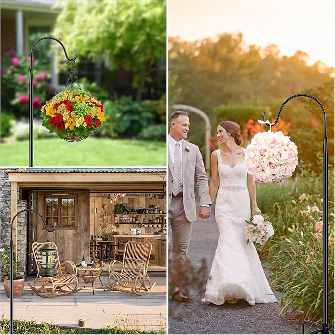 FEED GARDEN Shepards Hooks for Outdoor Bird Feeder Pole 92 Inch Adjustable Tall Heavy Duty Shepherds Hooks for Hanging Plant Baskets, Solar Lights, Wedding Decor, Lanterns, Black (2 Pack)